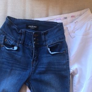 Blue and white jeans. W jeans have few light marks but not that noticeable. Good